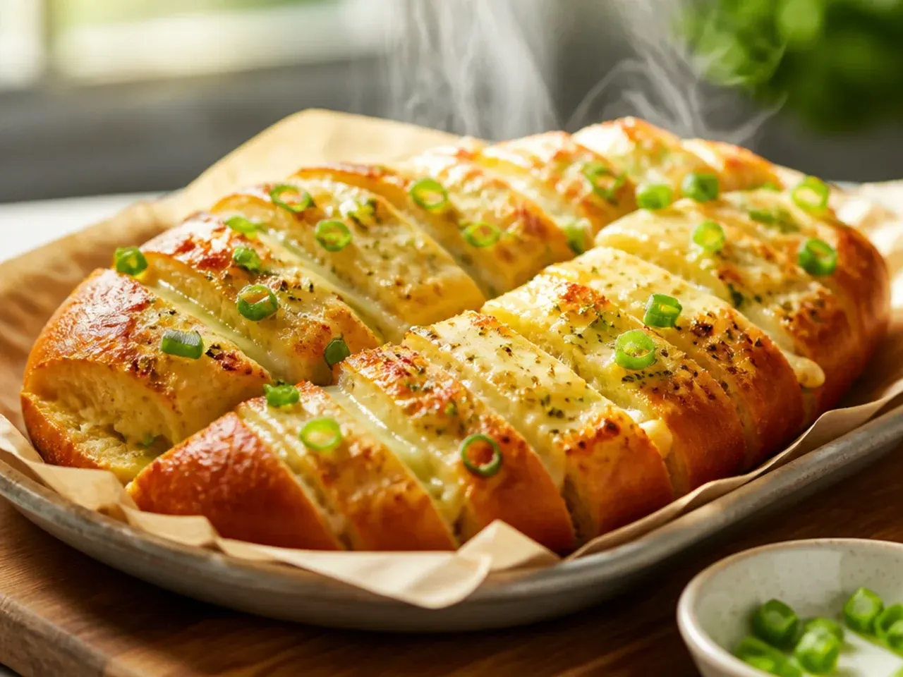 Creamy garlic butter spread thickly on a sourdough half before baking