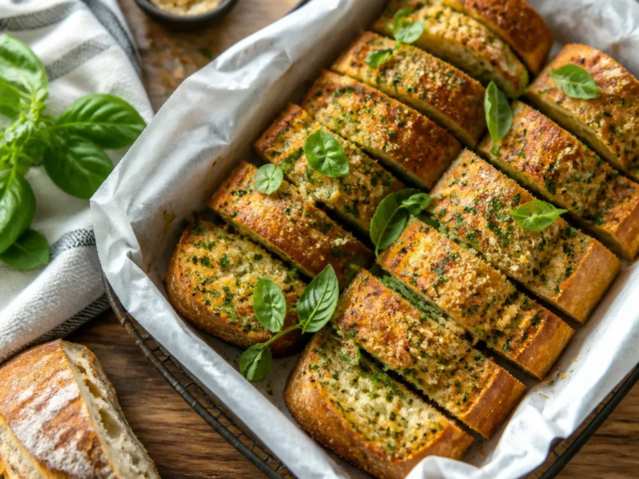 One bowl of simple garlic butter next to a split, unbaked loaf of bread