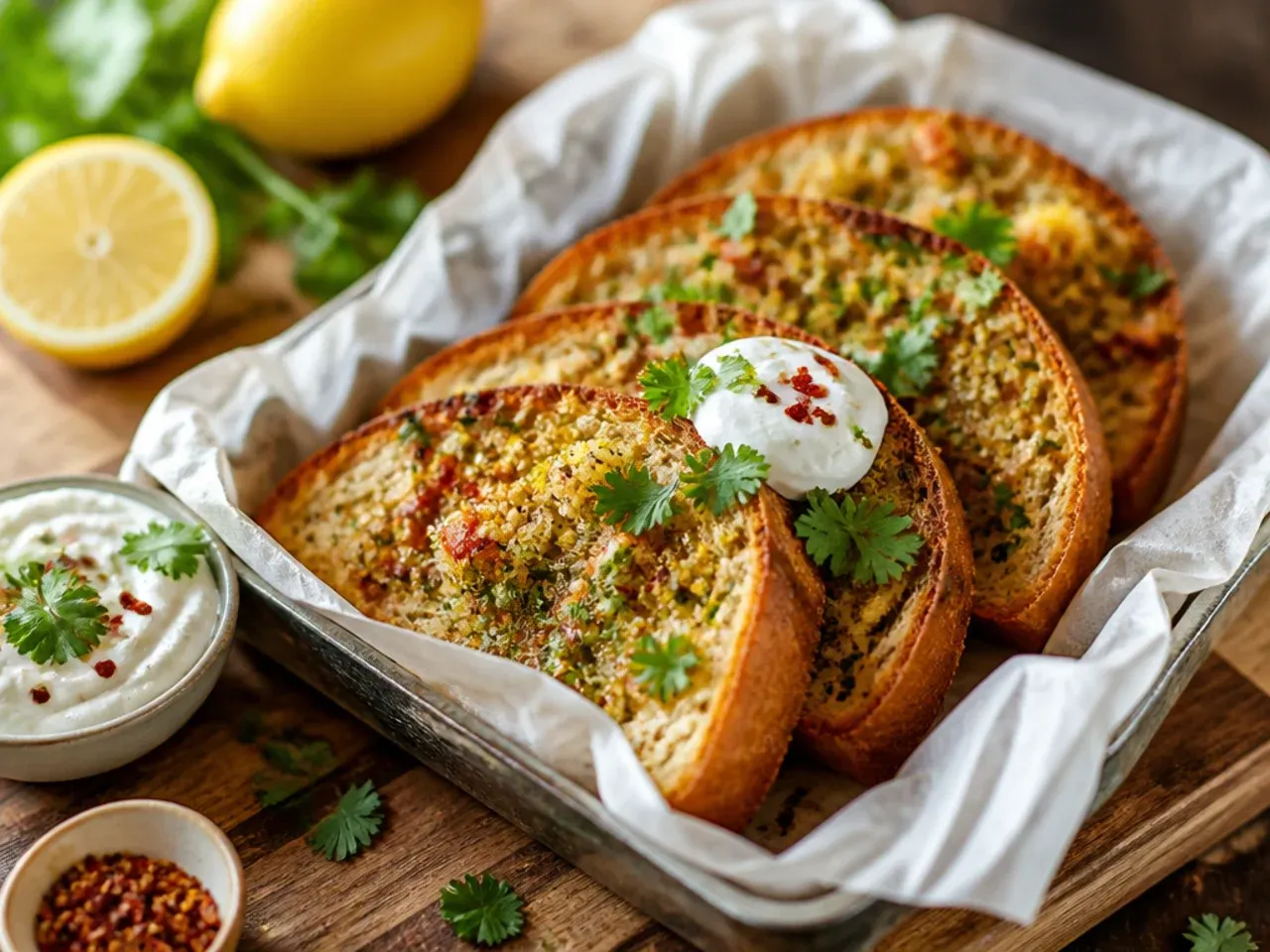 Zesty garlic bread topped with lemon zest and red chilli flakes