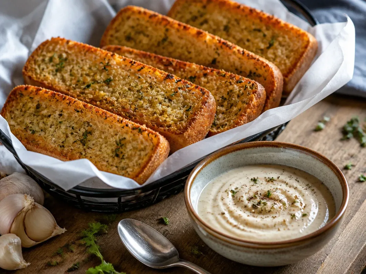 Wholemeal seeded garlic bread sliced to show the denser, darker crumb