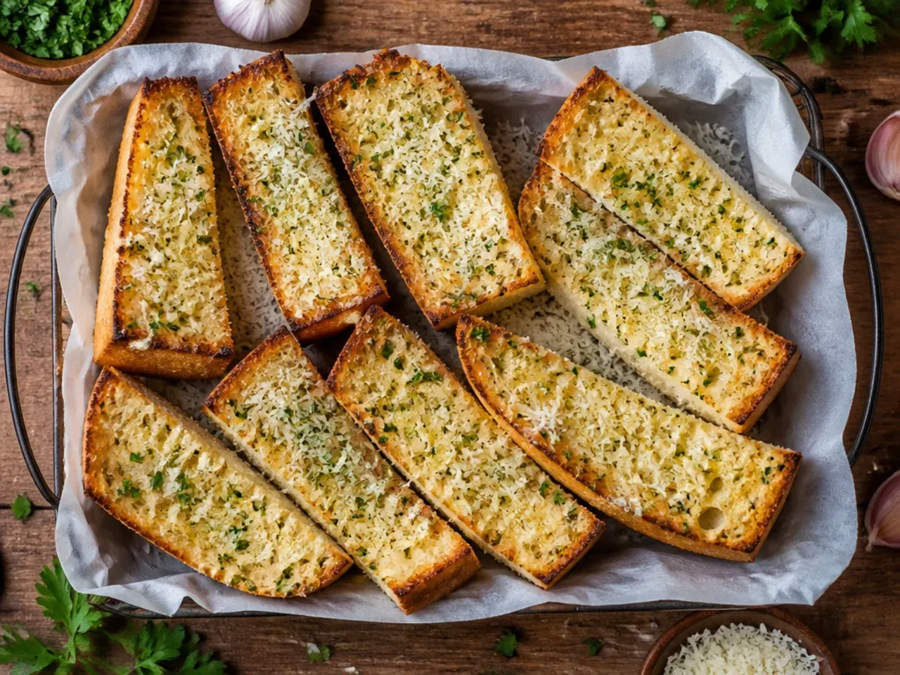 Budget garlic bread halves toasting cut-side down in a frying pan on the stovetop