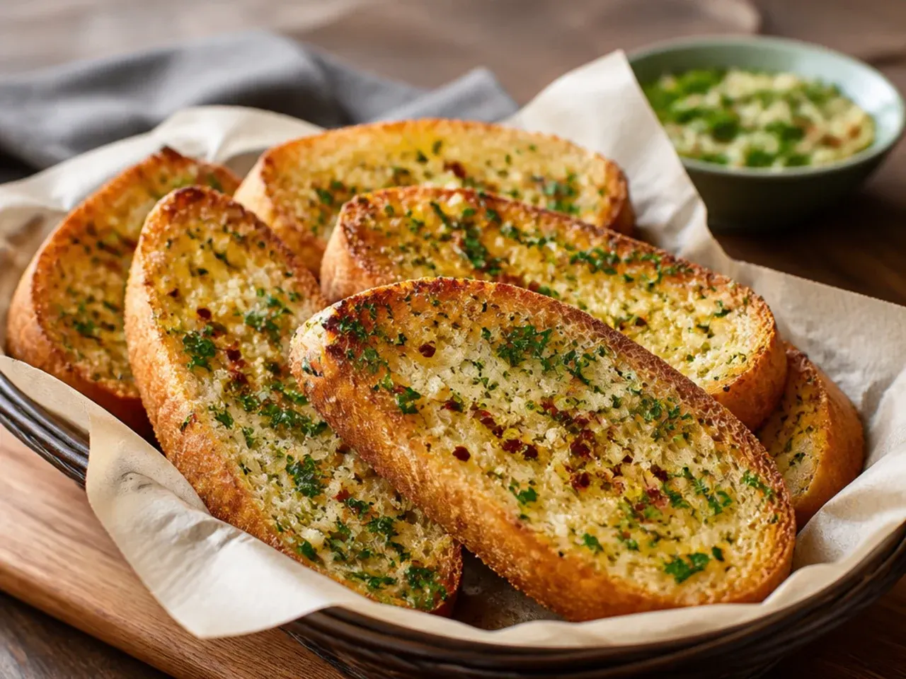 Garlic bread bubbling and browning under a grill element