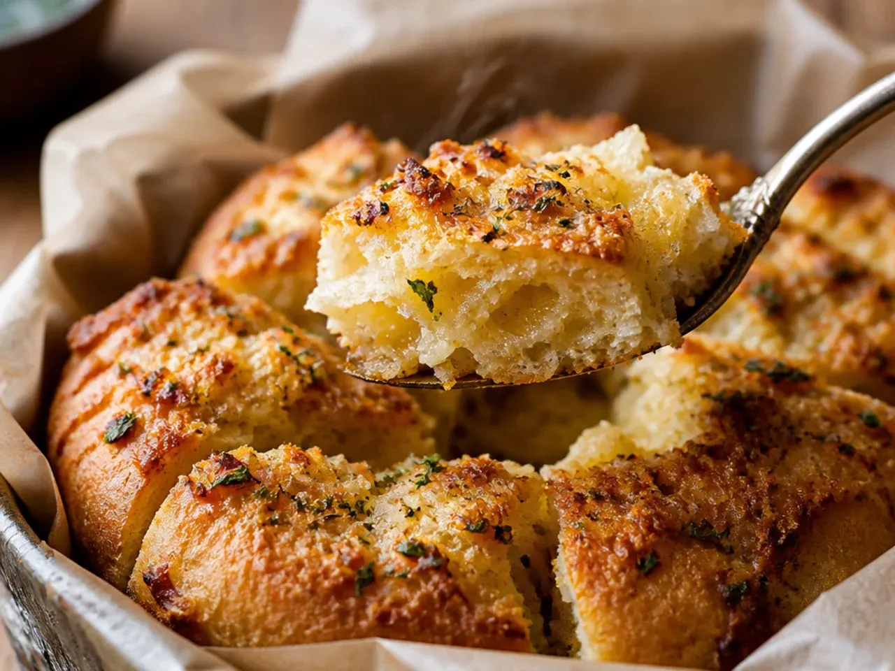 Rough torn chunks of sourdough tossed in garlic butter in a baking dish