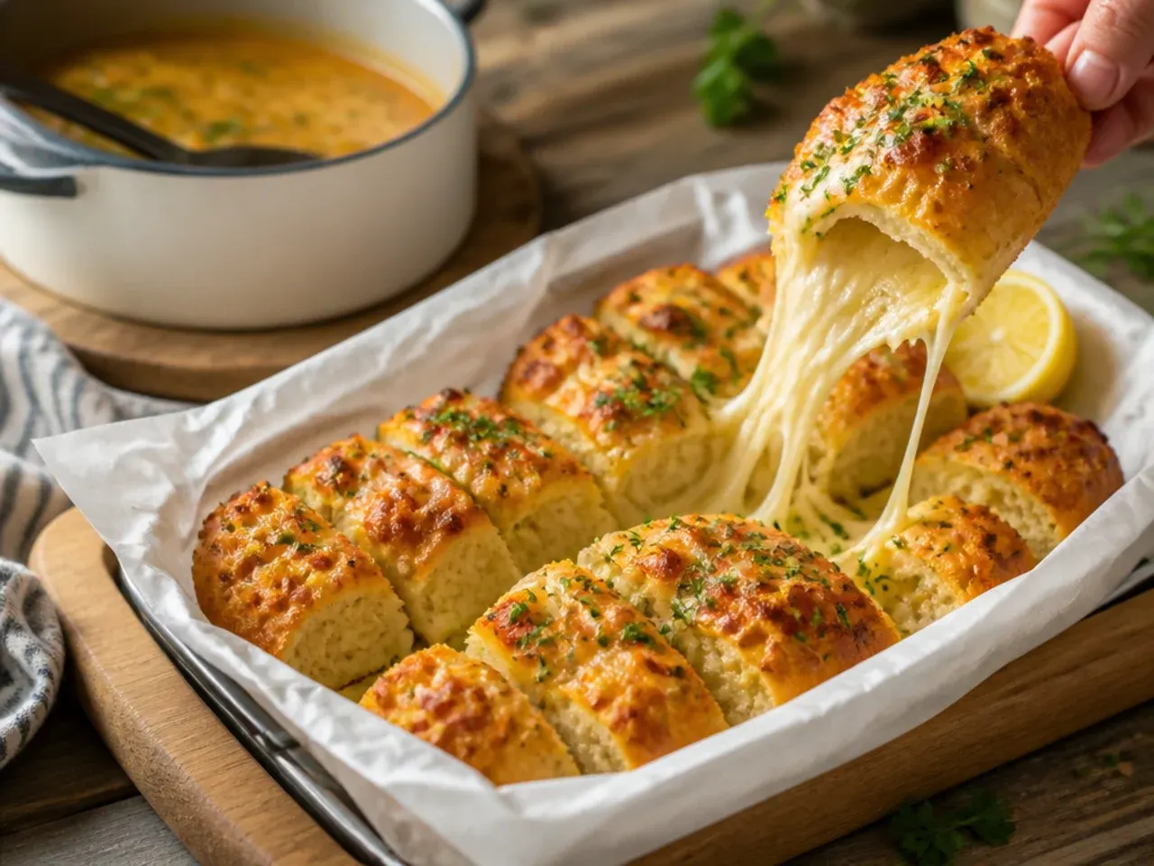 Pull-apart cheese-stuffed garlic bread loaf with melted cheese in every gap