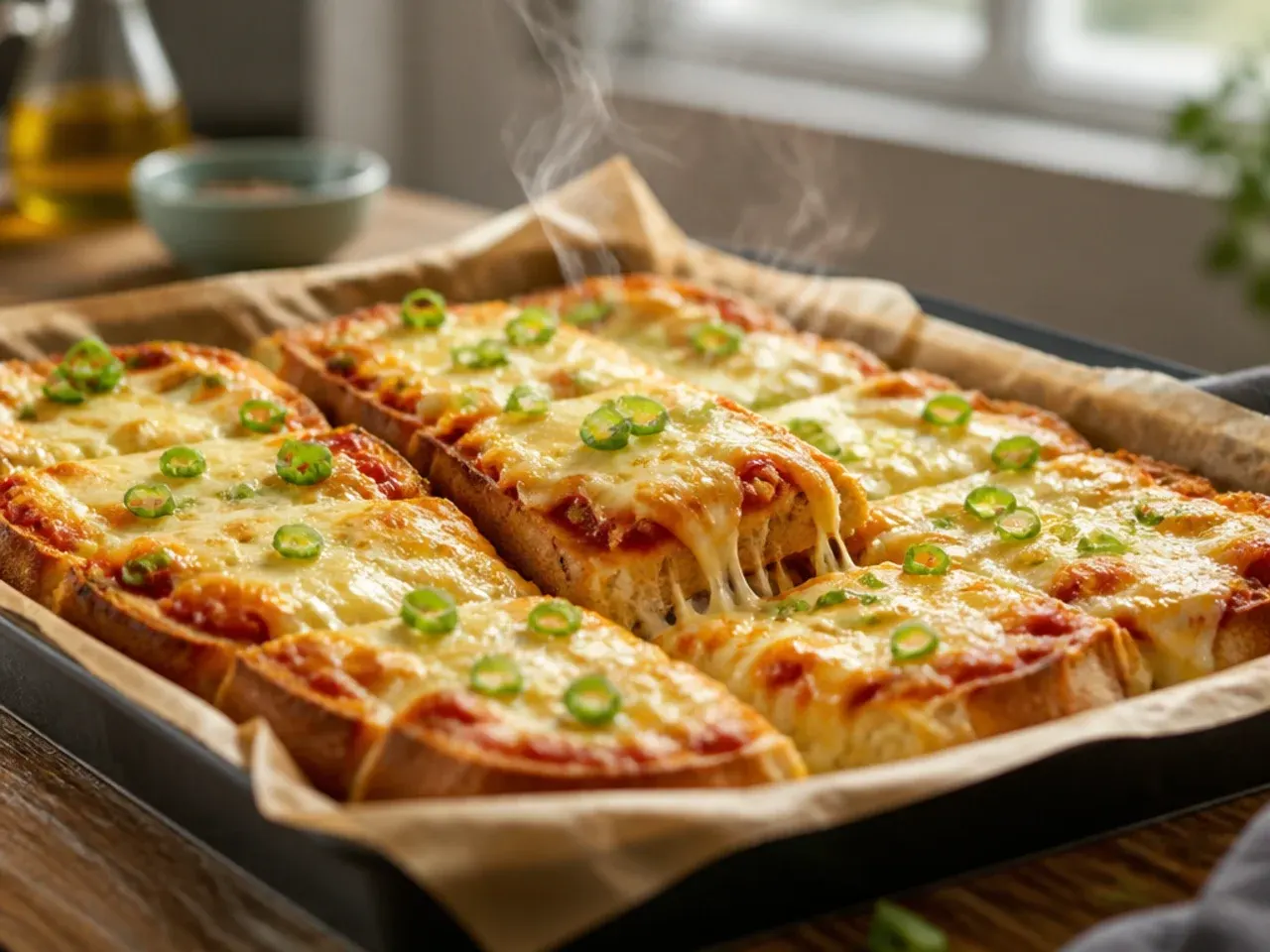 Pizza-topped garlic bread with pepperoni and melted mozzarella cut into portions