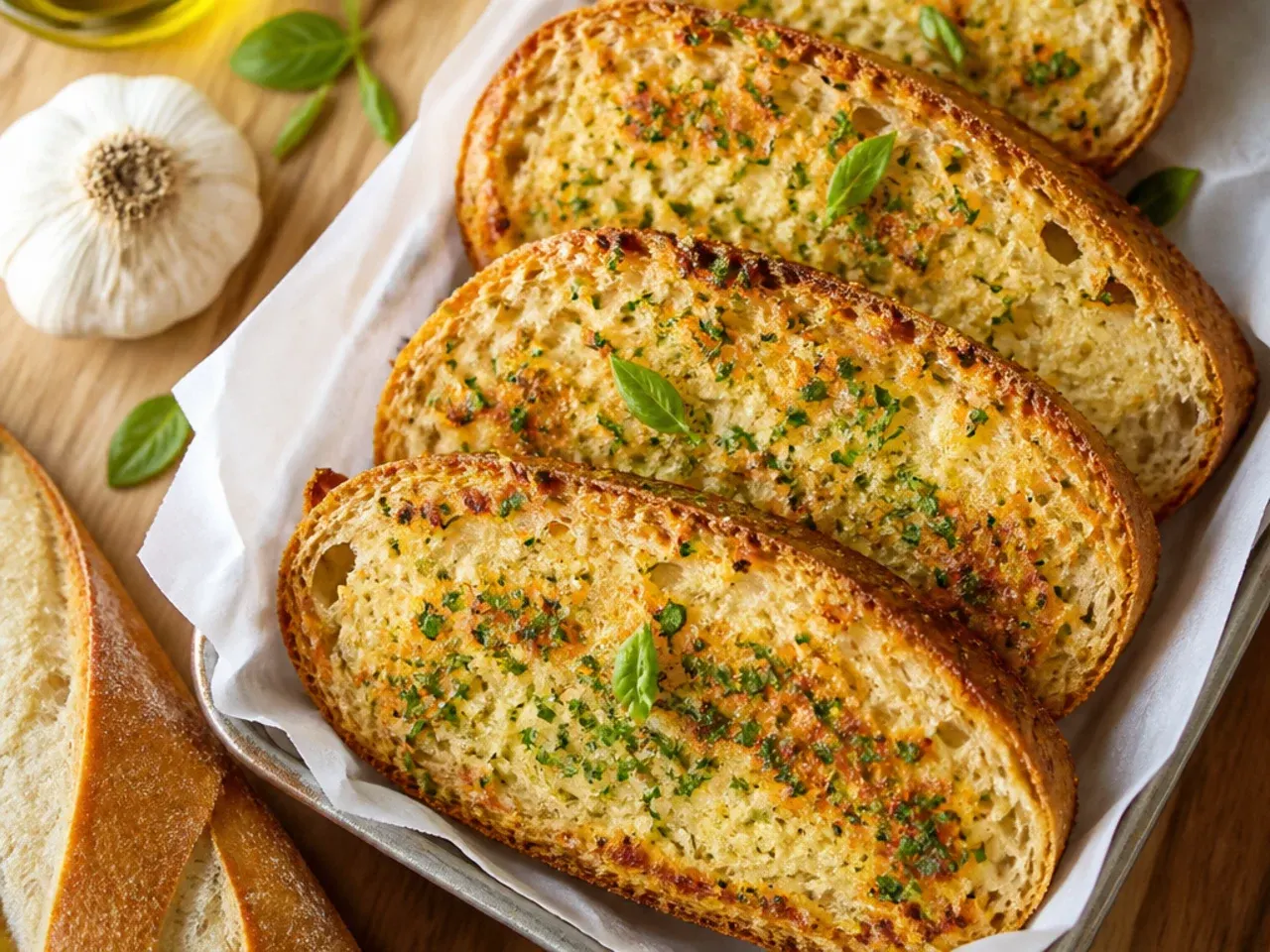 Restaurant-style garlic bread finished with flaky salt and a shine of olive oil