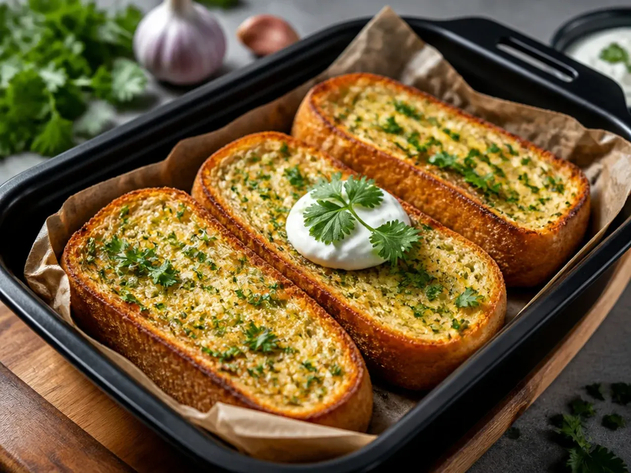 Garlic bread halves inside an air fryer basket, golden and just melted