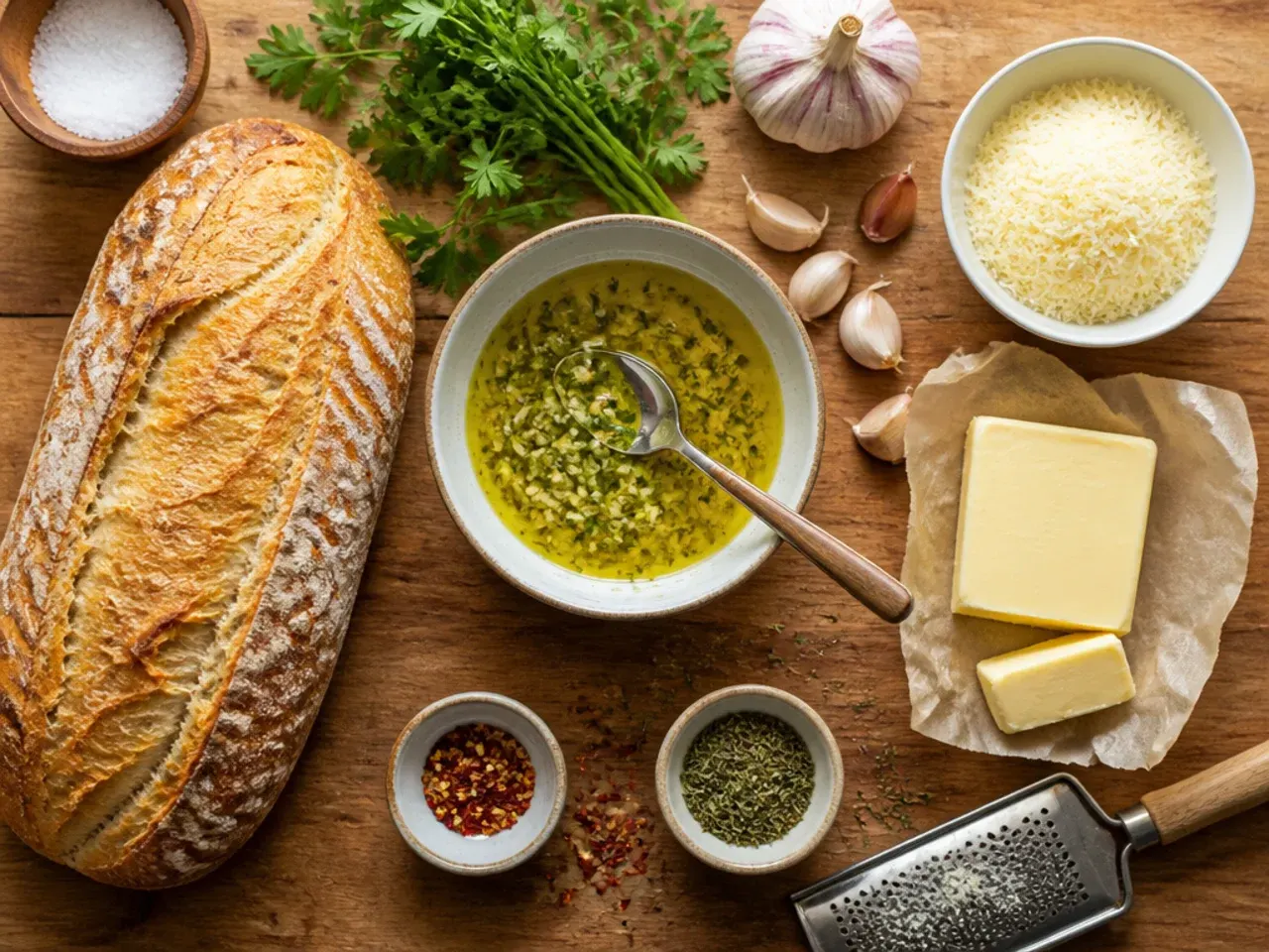 Hands spreading garlic butter evenly to the edge of a bread half with a butter knife