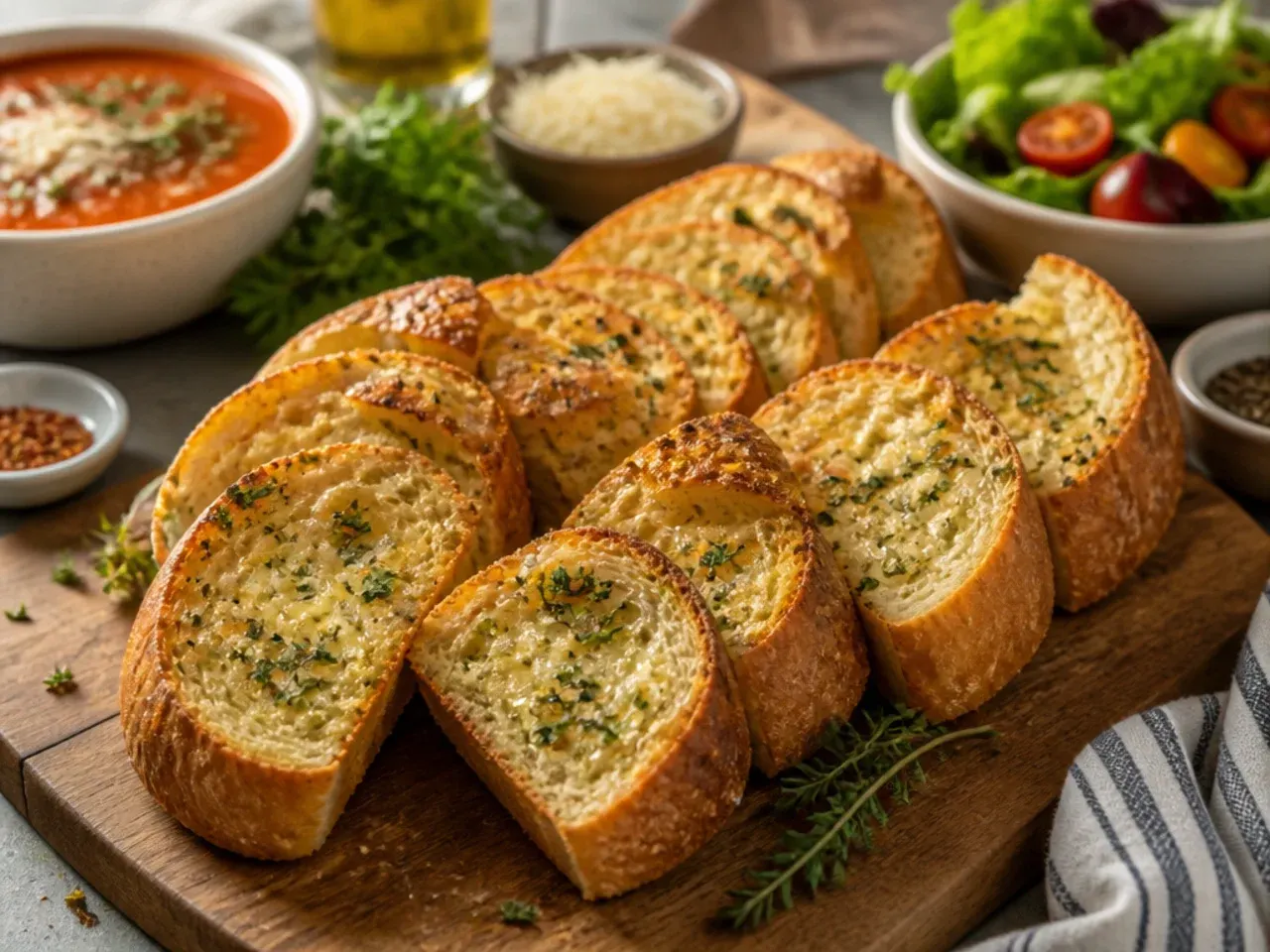 Garlic bread slices served alongside a bowl of tomato pasta and a small dipping bowl