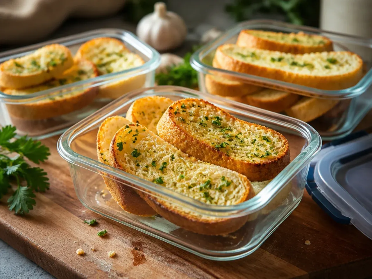 Foil-wrapped garlic bread halves being stacked for the freezer