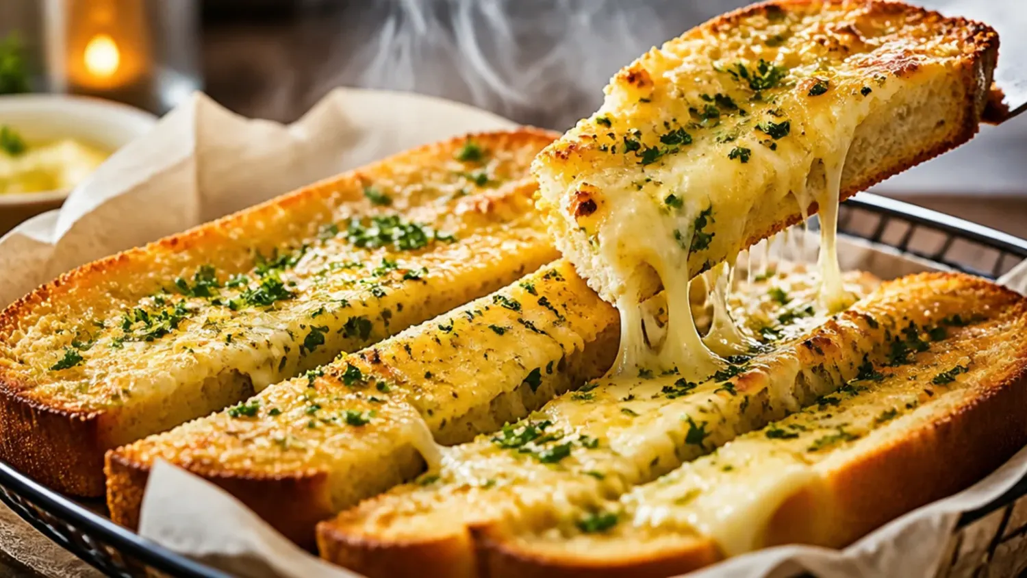 Golden baked garlic bread loaf sliced open, garlic butter melting into soft bread with crisp cheesy edges