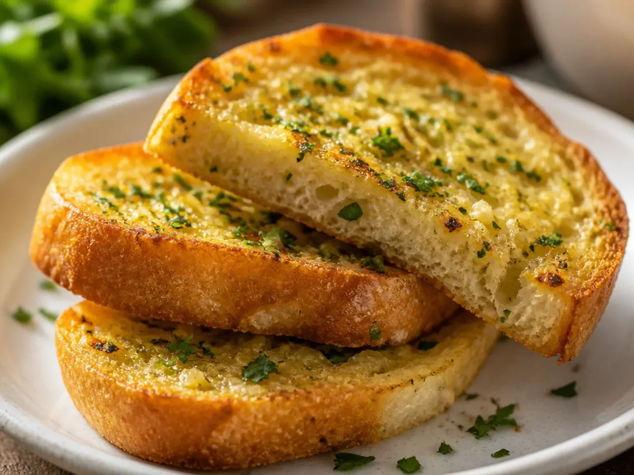 Golden baked garlic bread loaf sliced open on a wooden board