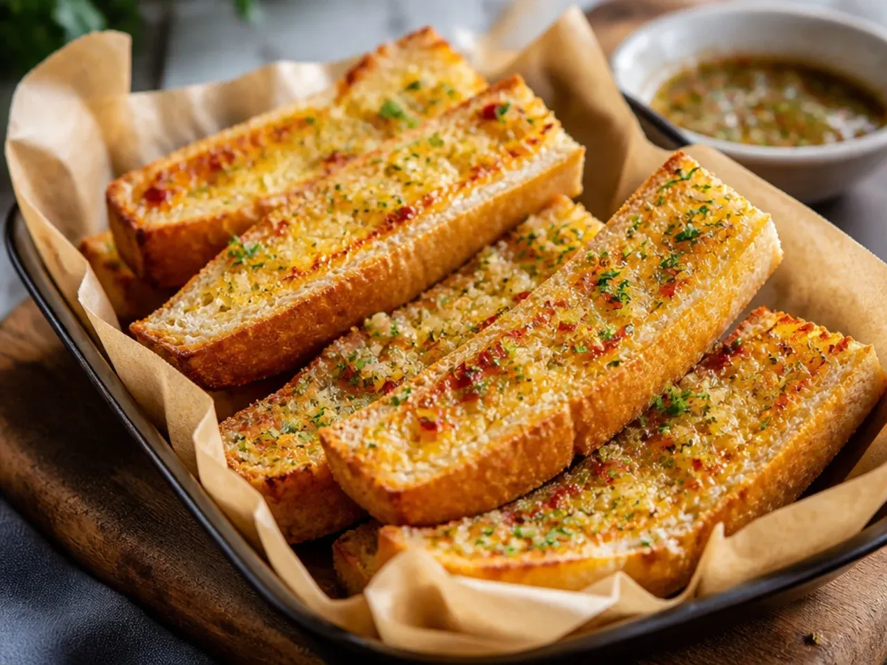 Garlic powder butter being stirred in a bowl for quick garlic bread