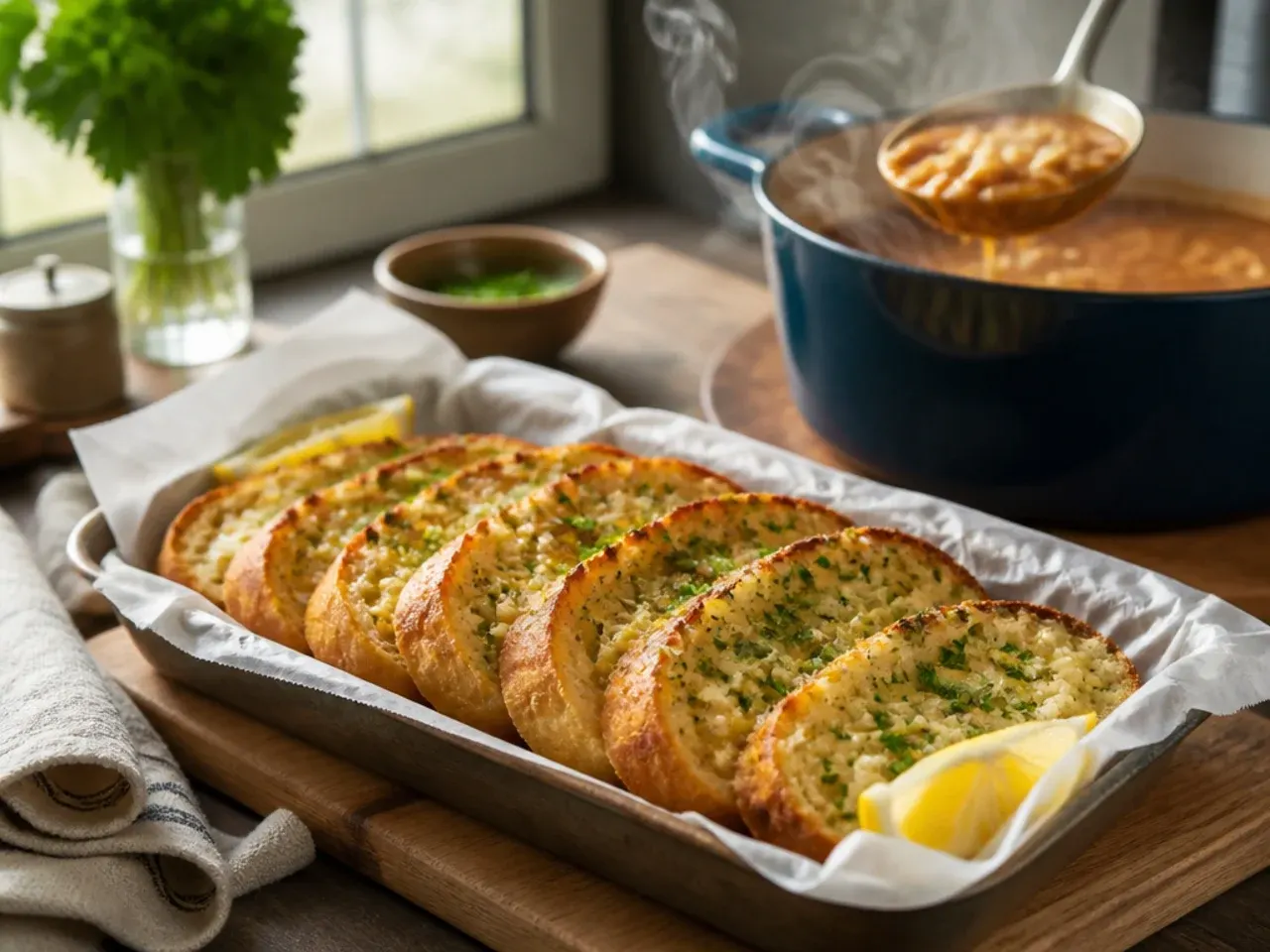Cheesy garlic bread with melted mozzarella bubbling from the oven