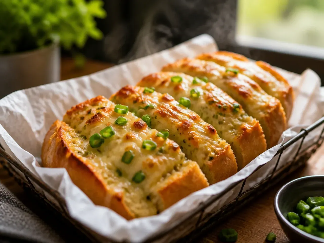 Creamy garlic butter spread thickly over sliced bread