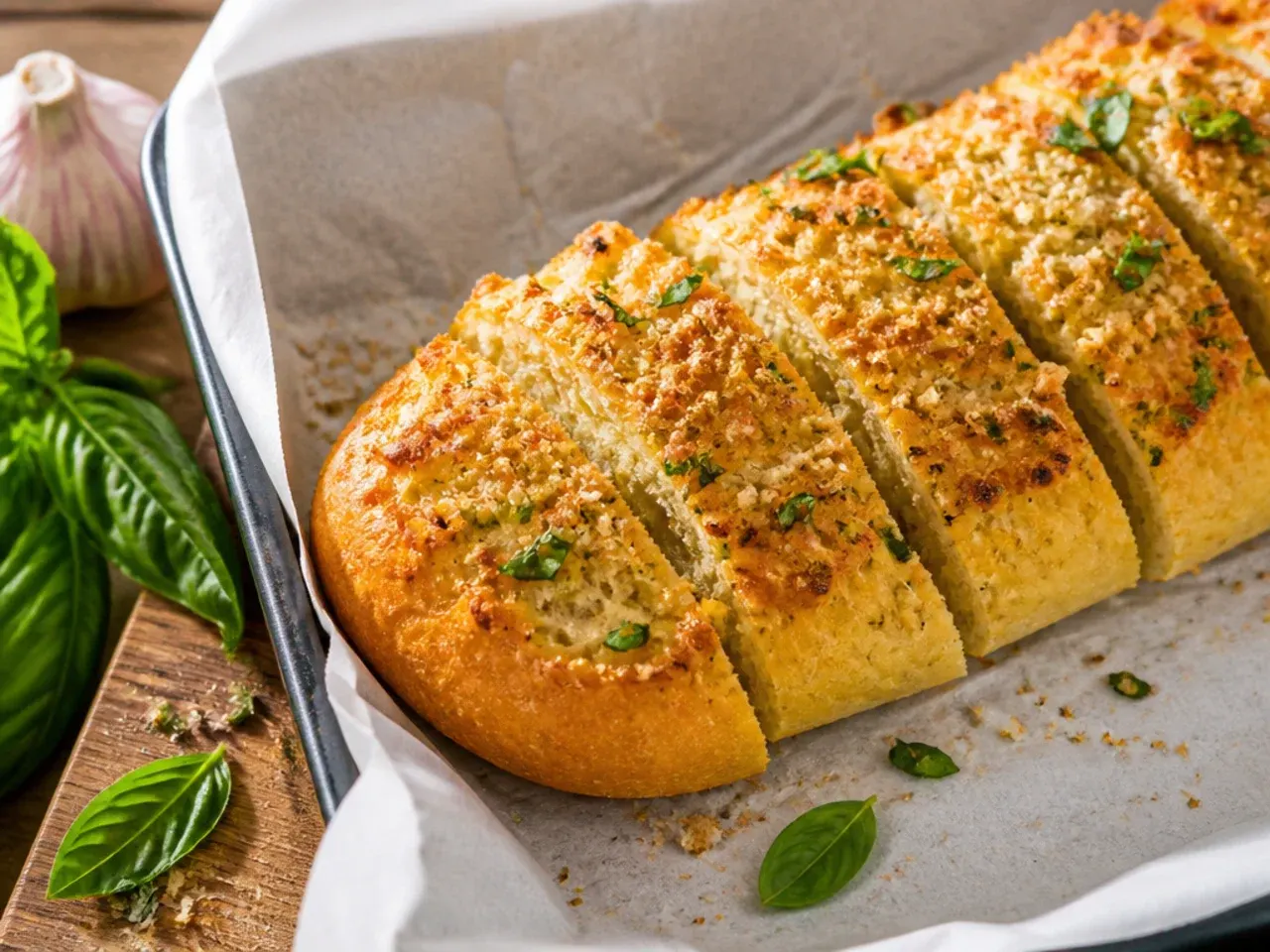 Simple three-ingredient garlic bread on a baking tray