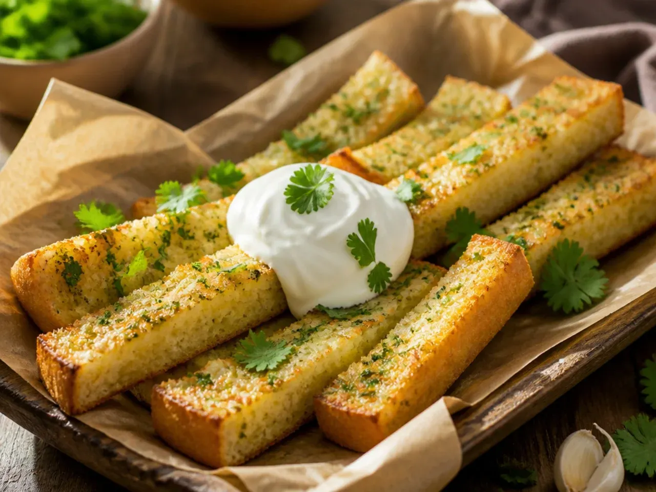 Zesty garlic bread topped with chilli flakes and lemon zest