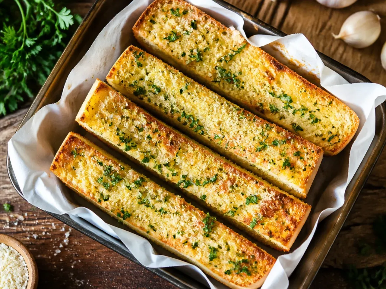 Budget-friendly garlic bread rolls on a baking tray