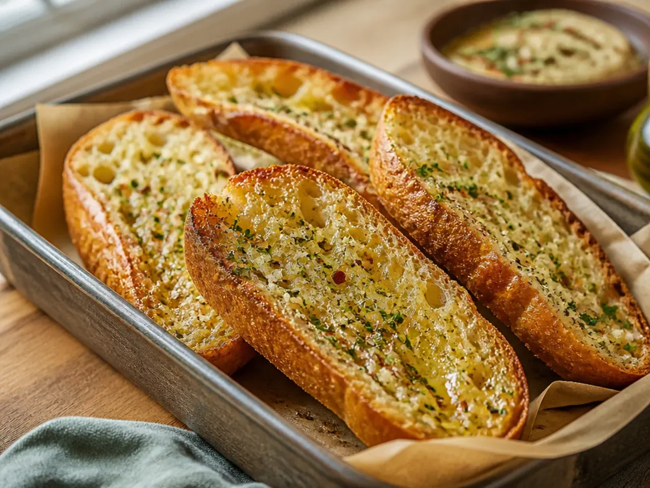 Garlic bread slices cooking in an air fryer basket