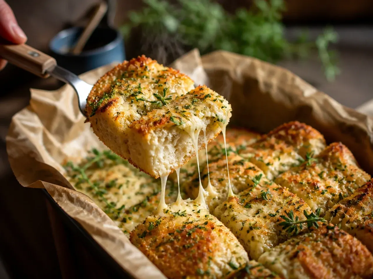 Rustic torn garlic bread with roasted garlic cloves