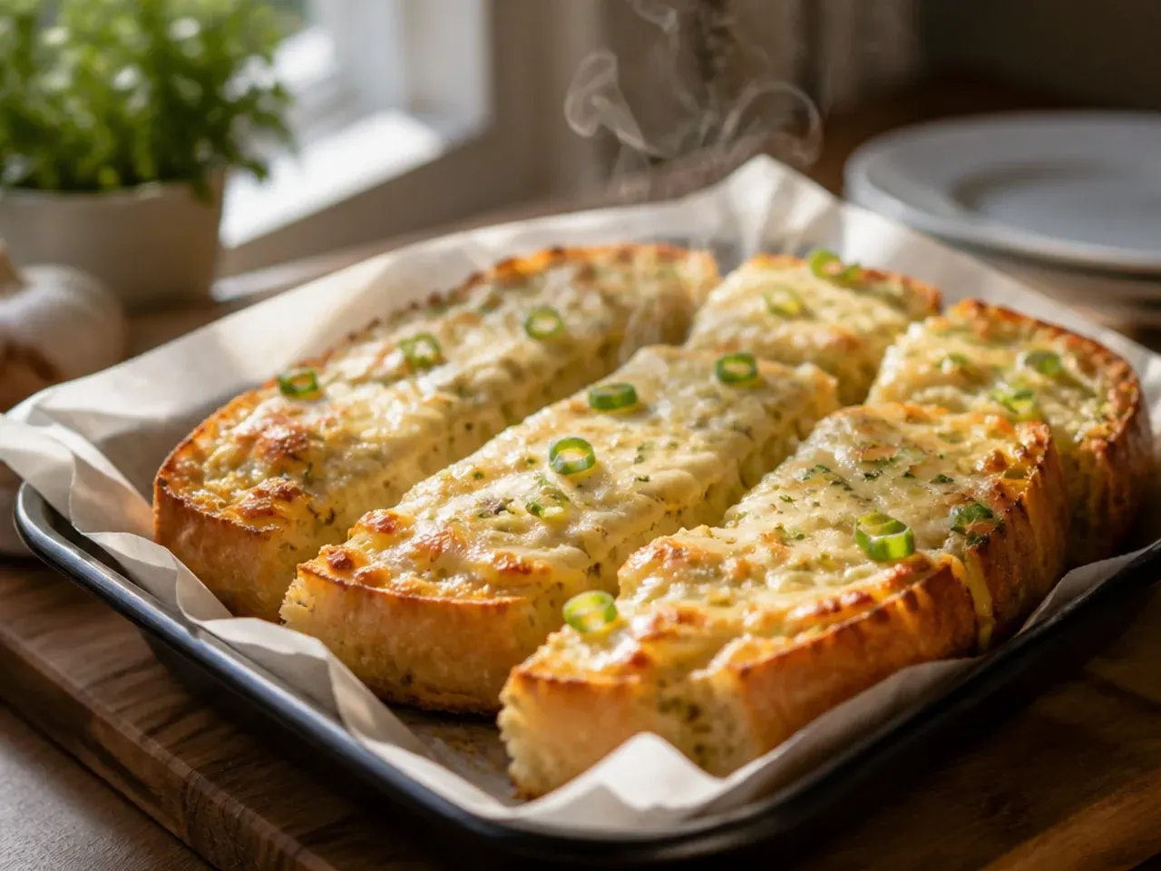 Pull-apart garlic bread loaf with cheese tucked between slices
