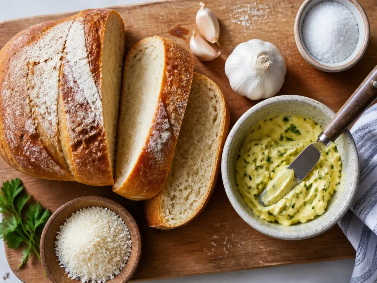 Hands spreading softened garlic butter onto sliced bread