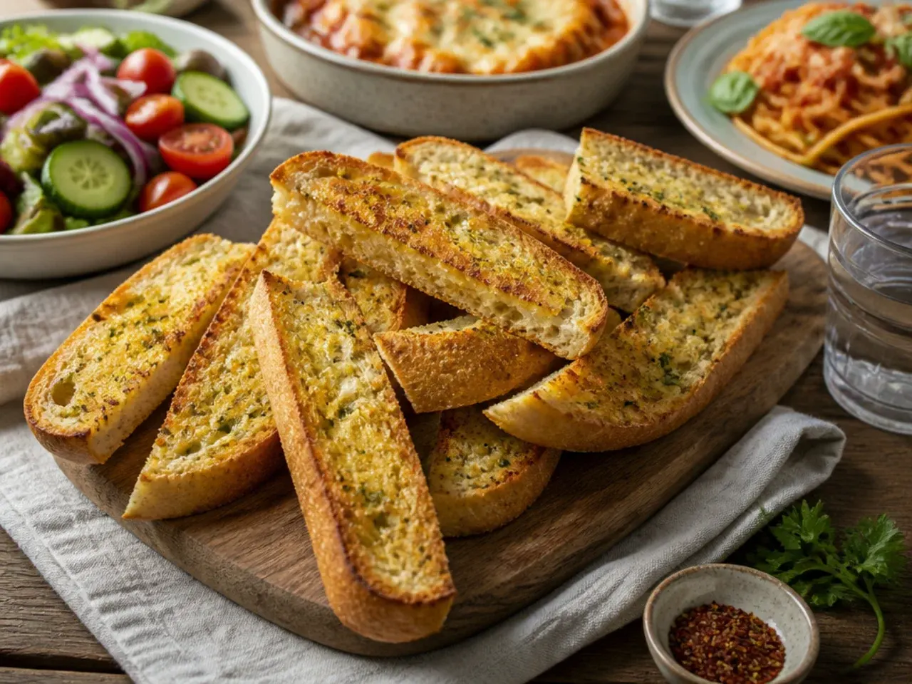 Sliced garlic bread served alongside a bowl of pasta