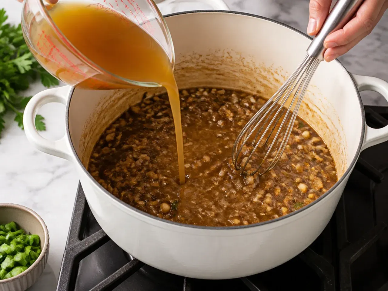 easy gumbo recipe — step 4: whisk in the stock