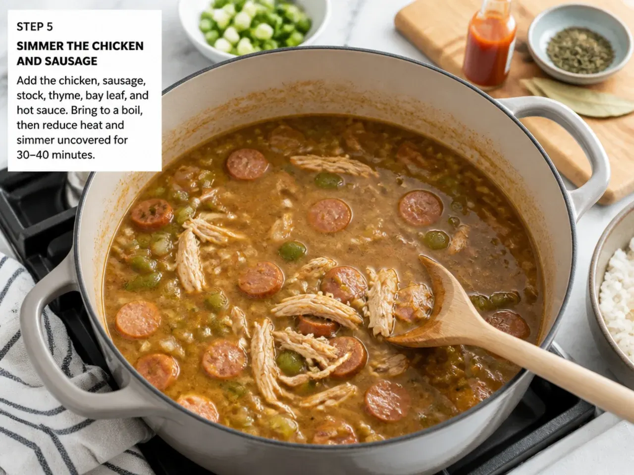easy gumbo recipe — step 5: simmer the chicken and sausage