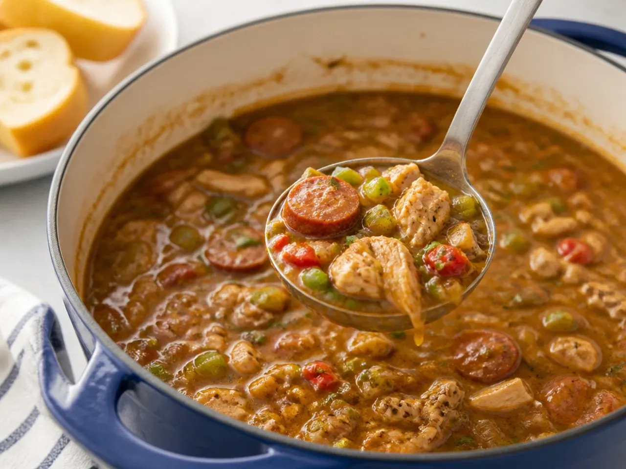 Ladle lifting easy gumbo with chicken and sausage from a Dutch oven