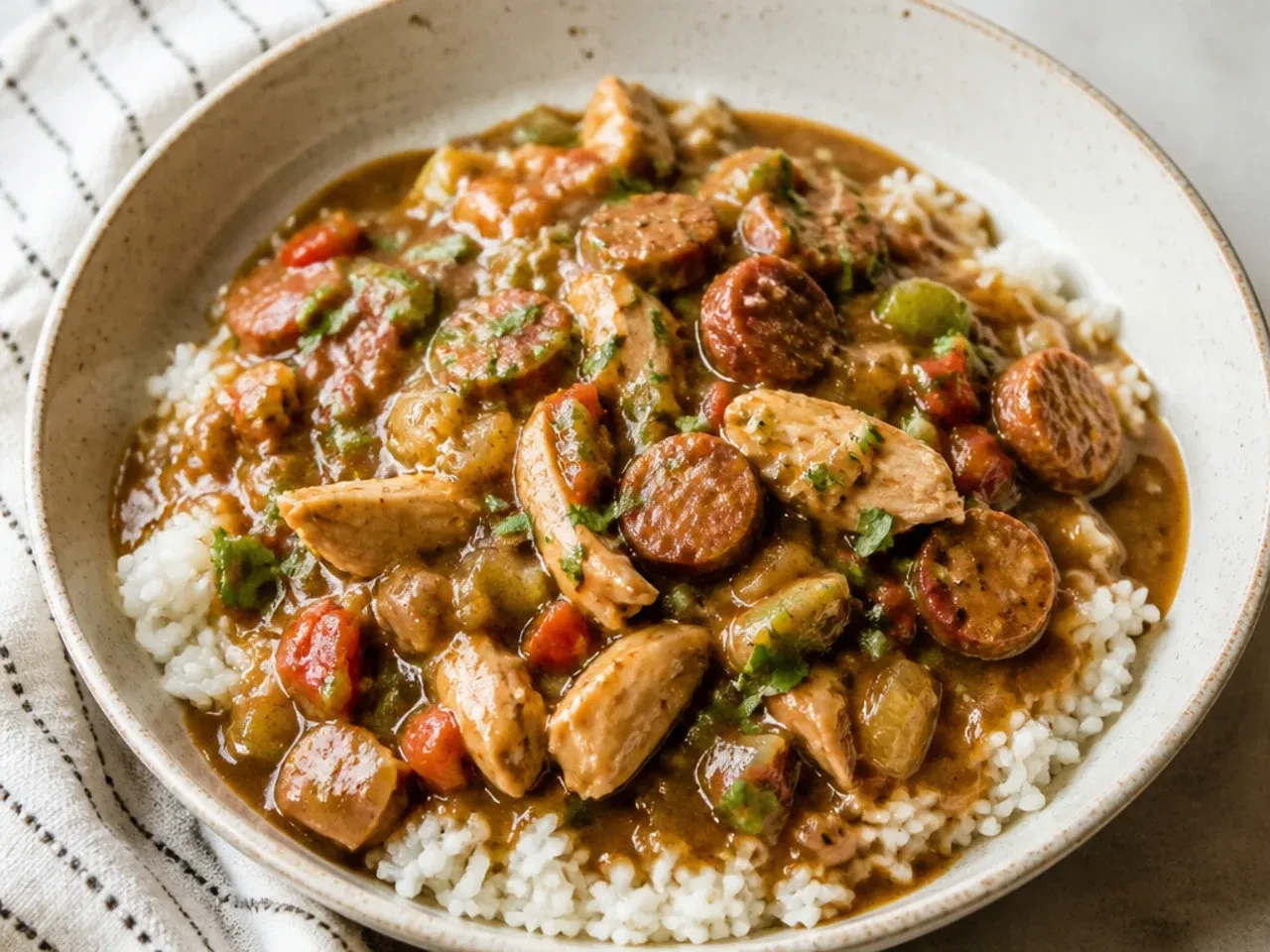 Classic easy chicken and sausage gumbo recipe served over white rice