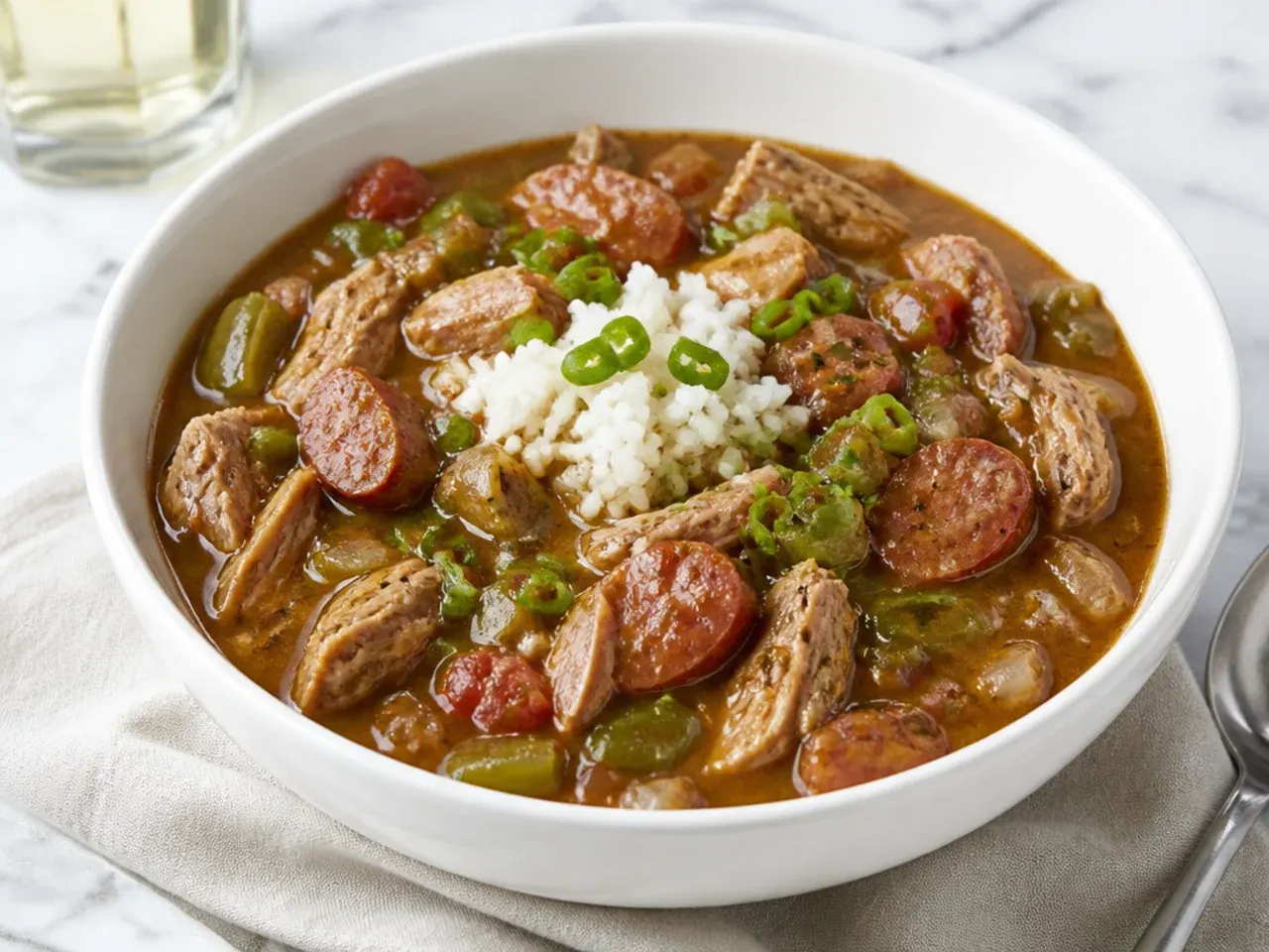 Elegant duck and andouille gumbo in a white bowl for a dinner party