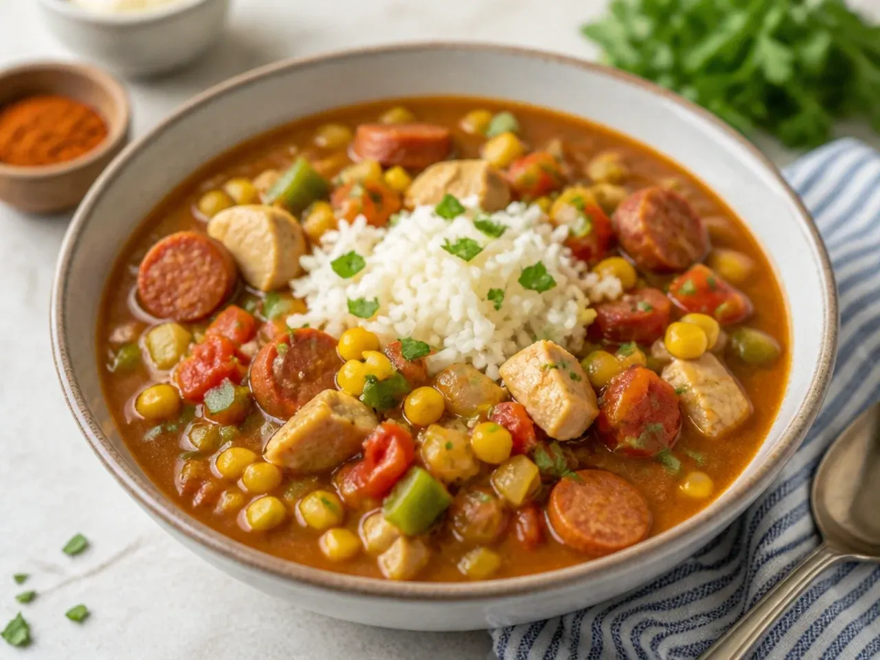 Mild family-friendly easy gumbo recipe with corn and turkey sausage