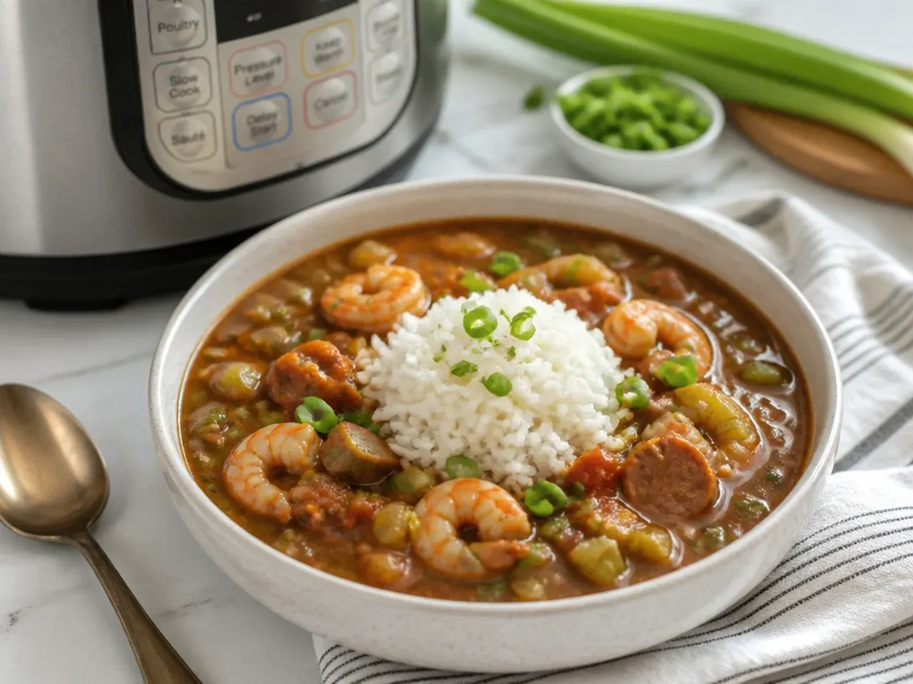 Modern Instant Pot easy gumbo recipe cooked under pressure