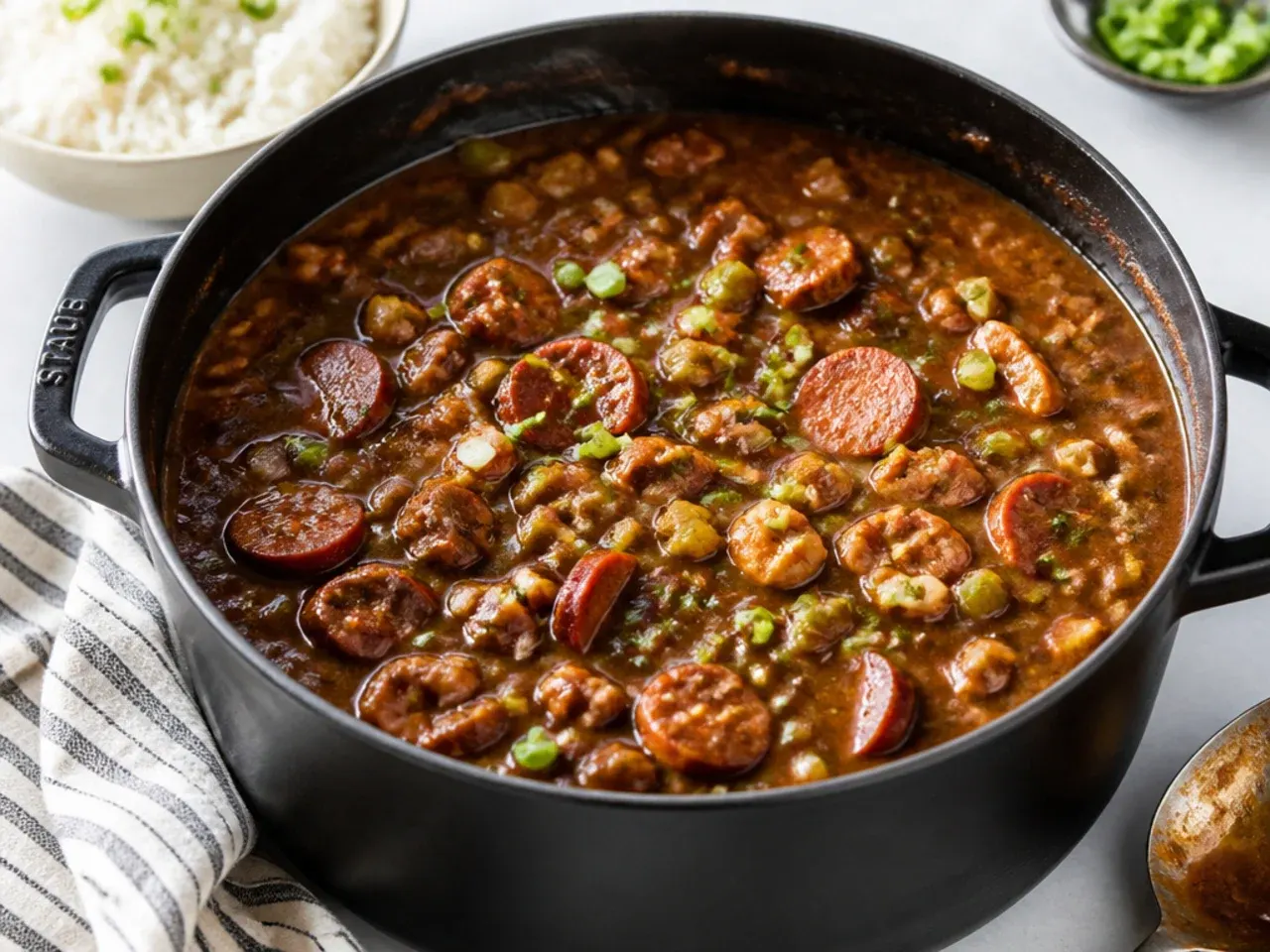 Rustic Cajun file gumbo with dark roux in a cast iron pot
