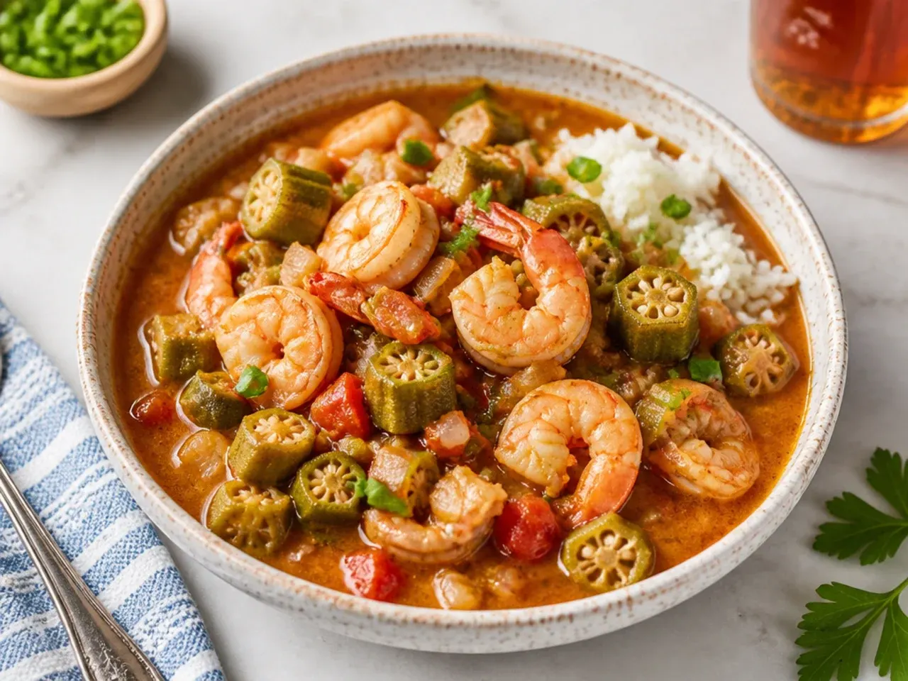 Colorful Creole okra and tomato gumbo recipe with shrimp
