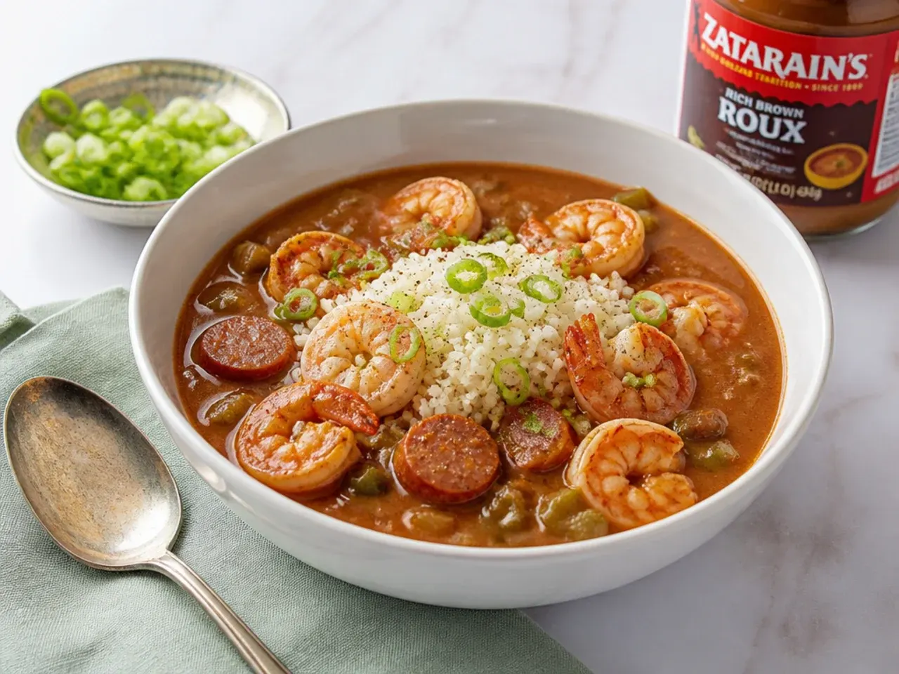 Minimal five ingredient easy gumbo recipe using jarred roux