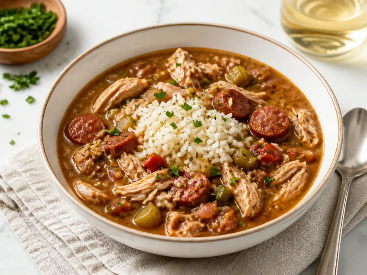 Festive leftover turkey gumbo made after the holidays