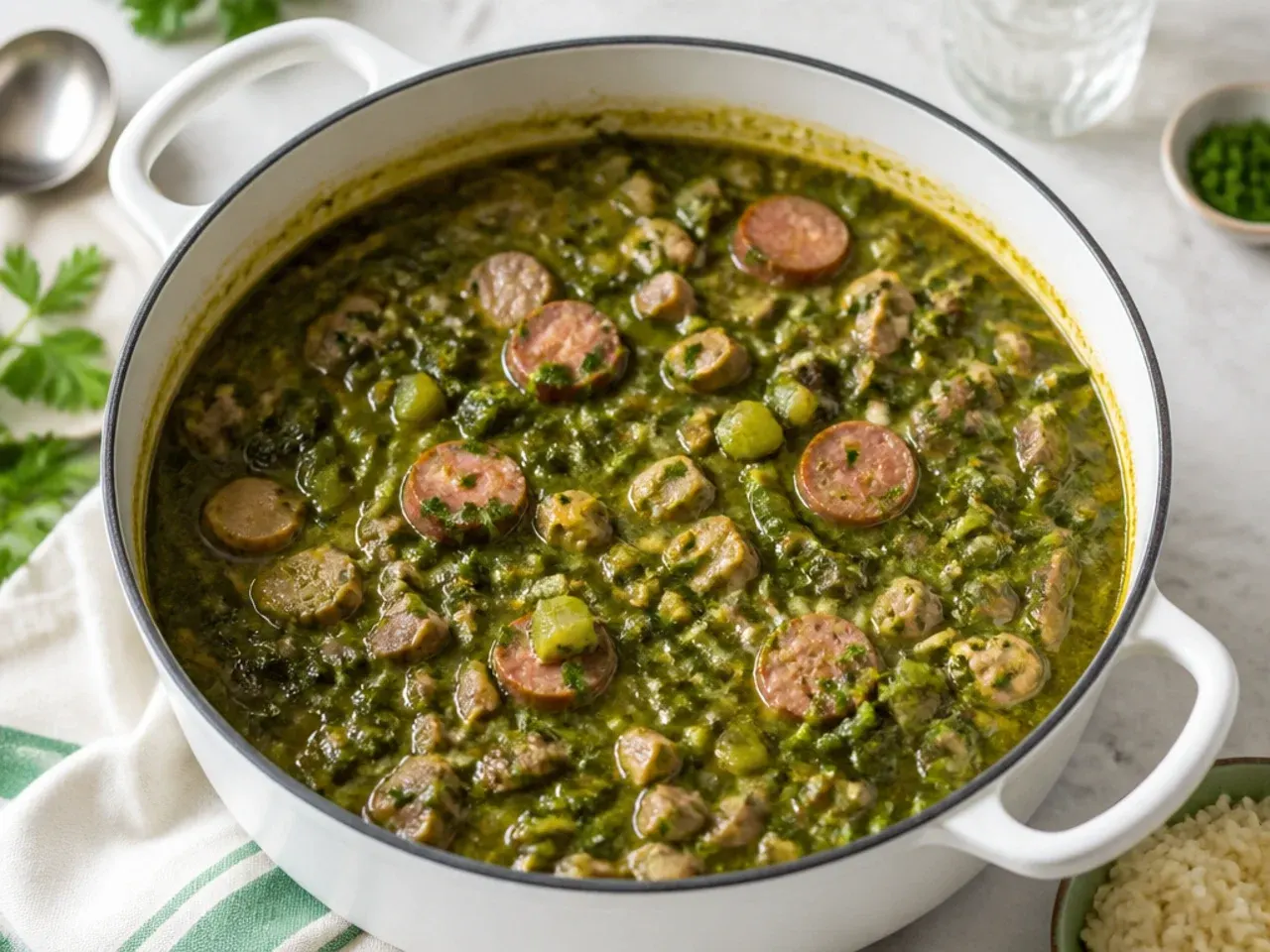 Green gumbo z'herbes simmering with mixed leafy greens