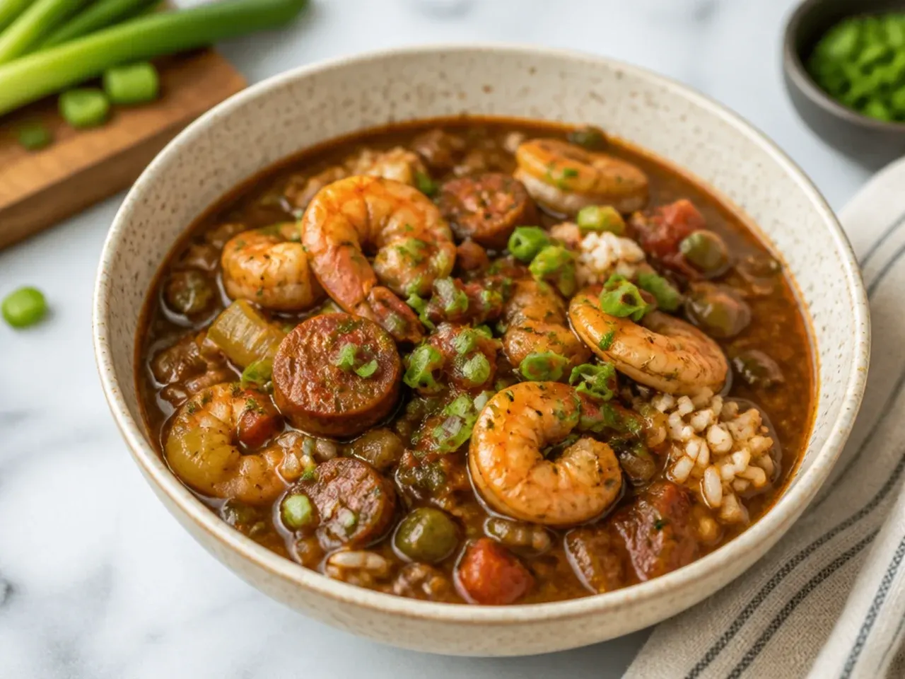 Bold spicy shrimp and andouille gumbo recipe with cayenne