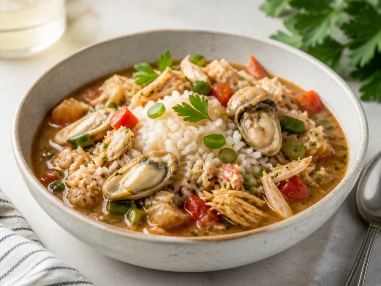 Delicate seafood gumbo with crab and oysters over rice