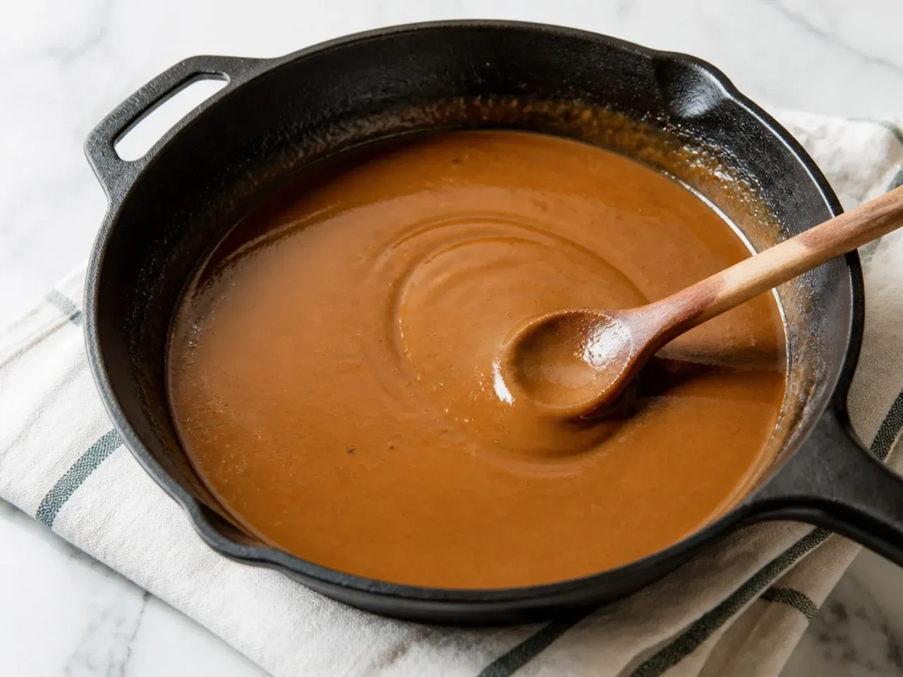 Old-fashioned oven baked roux for homemade gumbo in cast iron