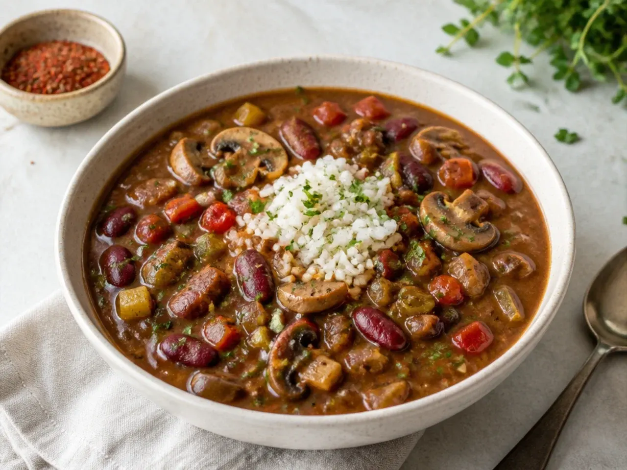 Creative vegan gumbo recipe with mushrooms and red beans
