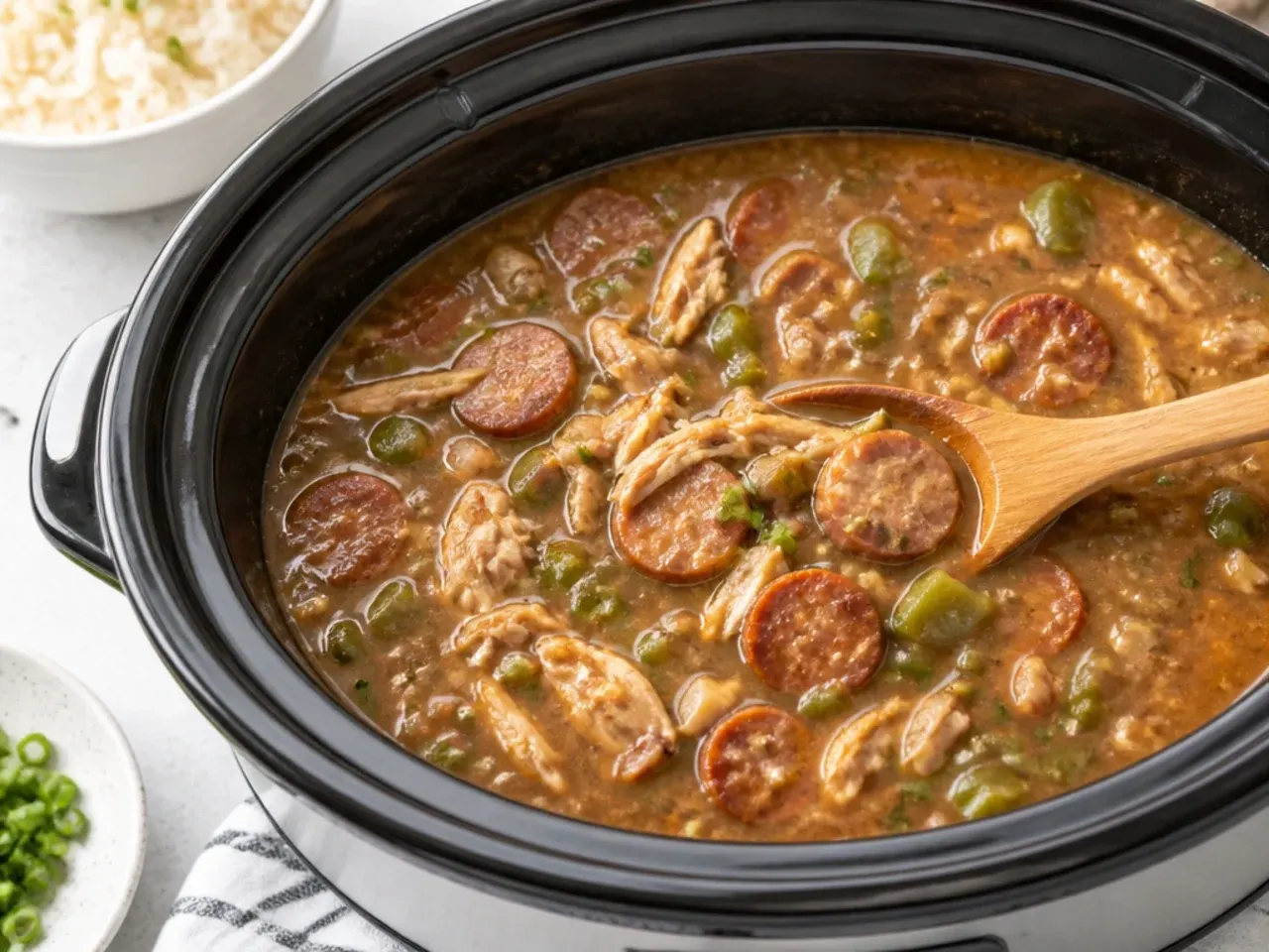 Slow cooker easy gumbo recipe simmering with sausage and chicken