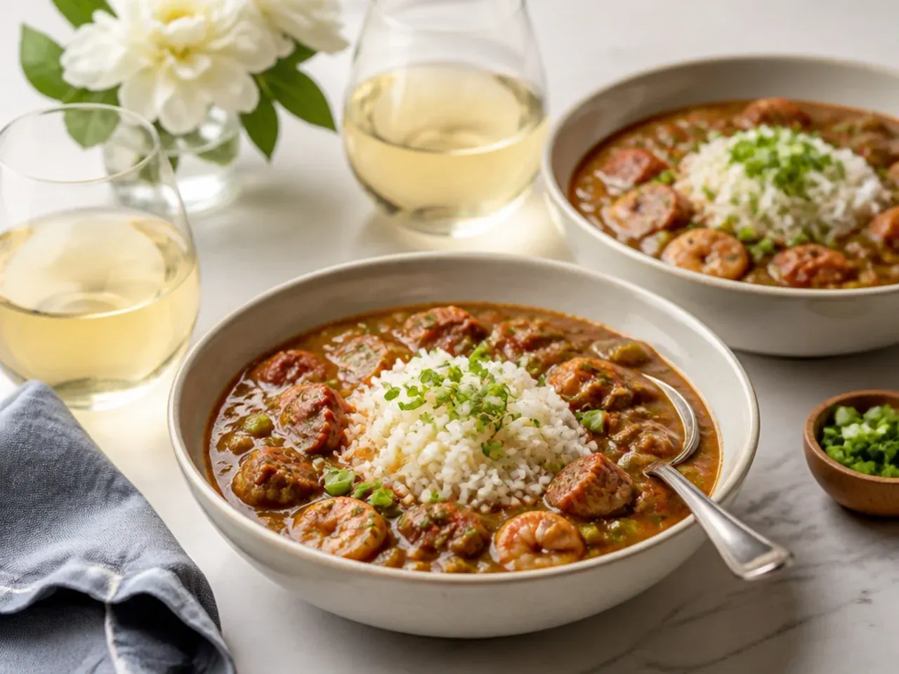 Small batch gumbo for two served in bowls for date night