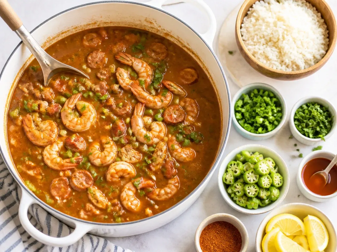 Big pot of party gumbo for a crowd with toppings bar
