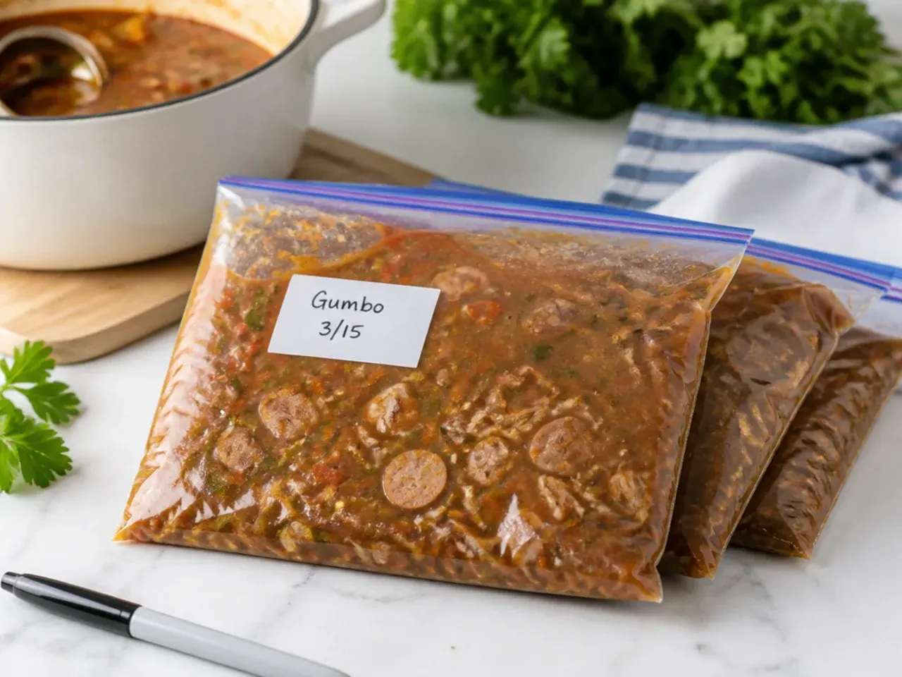 Meal prep gumbo portioned in freezer bags for make-ahead dinners