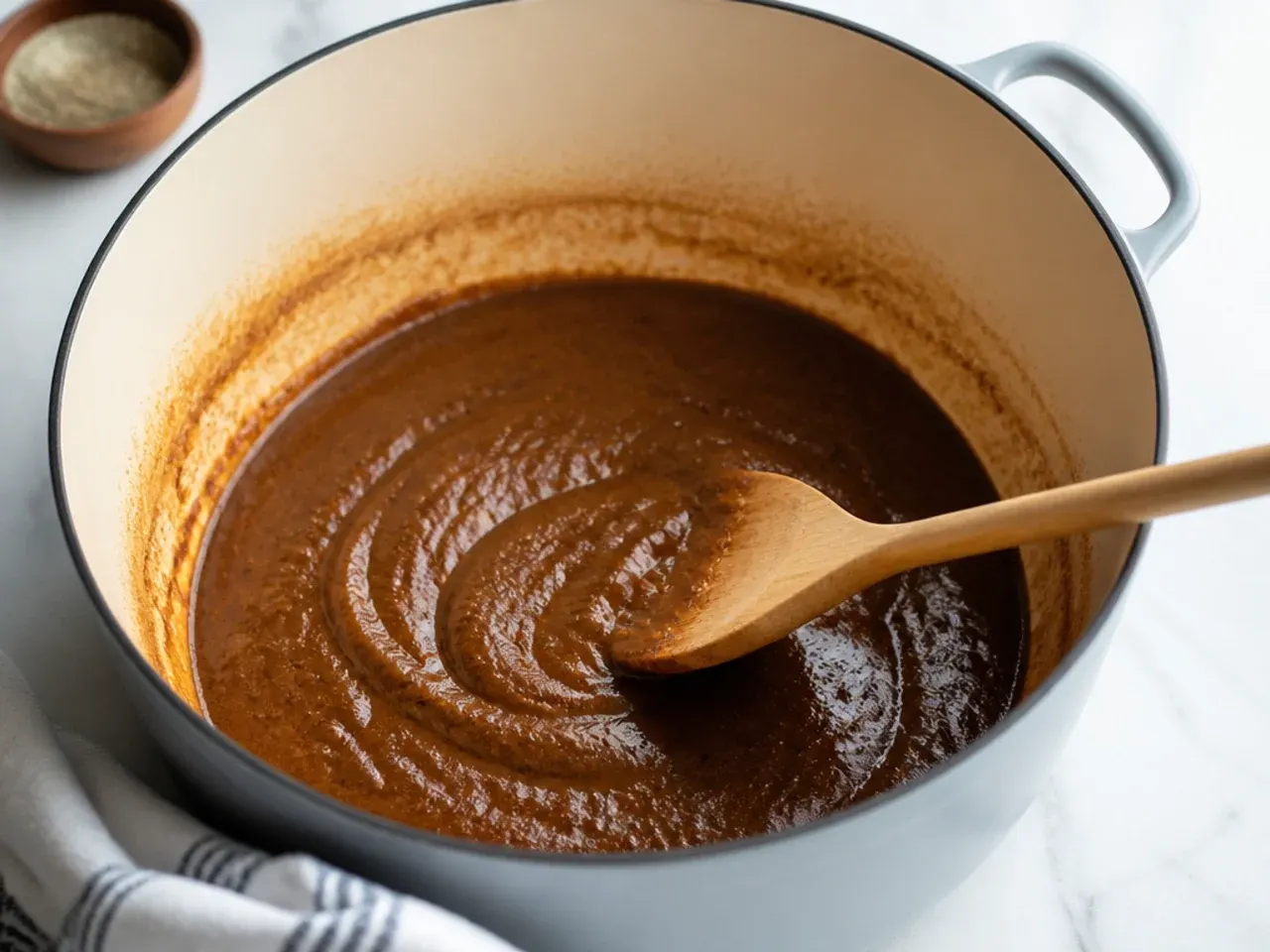 Wooden spoon stirring dark roux showing gumbo roux color stages