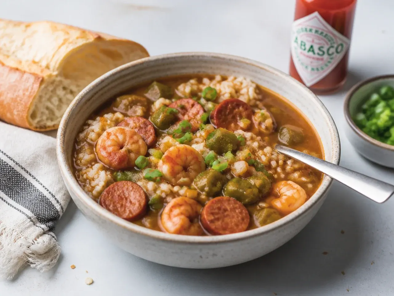 Bowl of easy gumbo served with rice, French bread and hot sauce