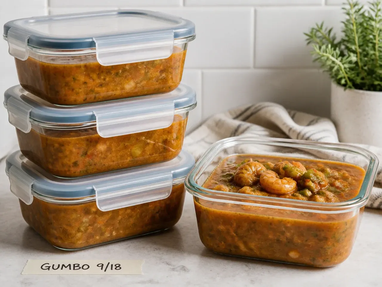 Leftover gumbo stored in glass containers for the fridge and freezer